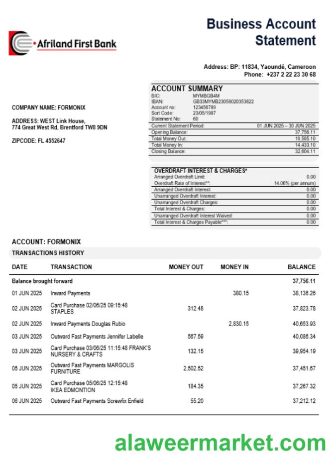 Afriland First organization checking account statement Word and PDF template